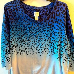 Chico’s size 3 top, 3/4 sleeve, tones of blue with leopard print on top